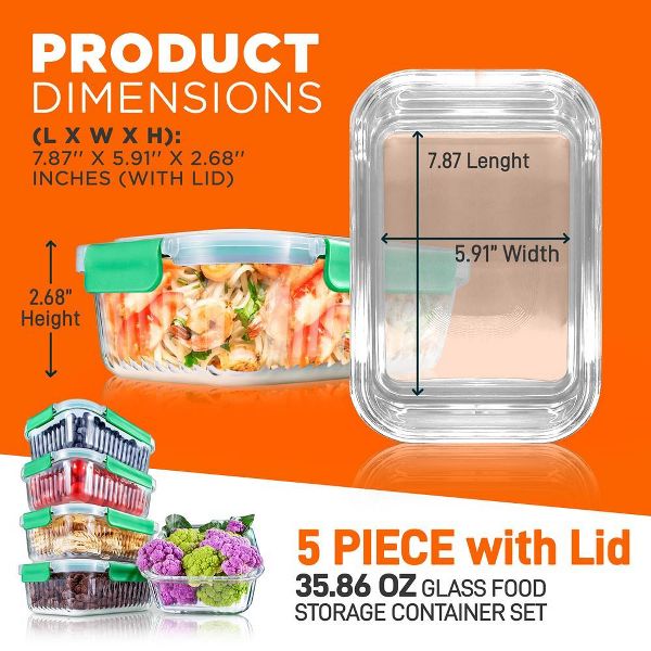 NutriChef 5-Piece Superior Glass Food Storage Containers Set - Stackable Design, Newly BPA-free Airtight Locking lids with Wave Design