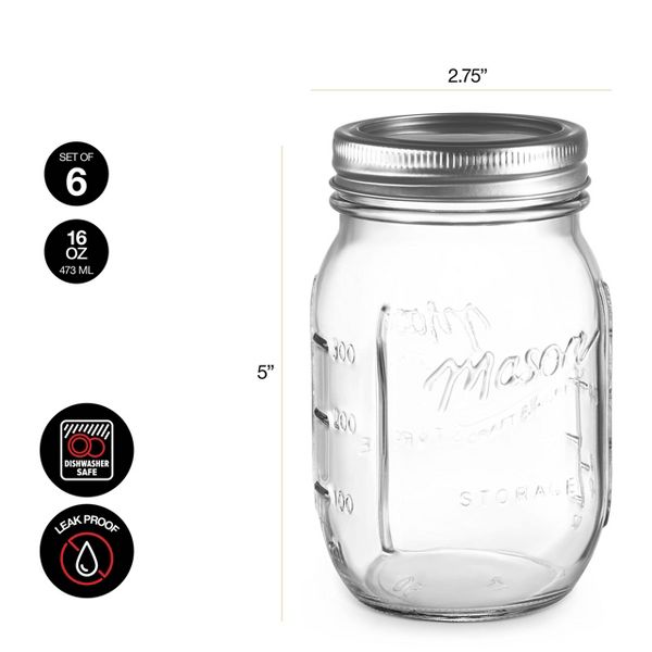 Swice 16oz Glass Mason Jars 6 Pack, Regular Mouth, Lids & Bands, Dishwasher Safe