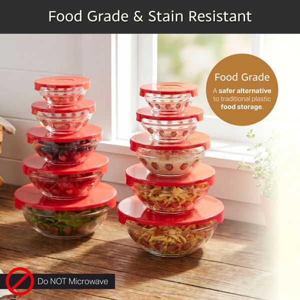 Classic Cuisine 20-Piece Strawberry Design Glass Bowls with Lids Set