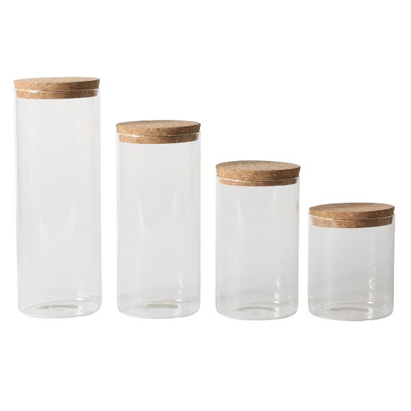 Sur La Table Rue Lumiere 4-Piece Glass Canister Set, Clear Food Storage Jars with Airtight Cork Lids – 57 oz, 45 oz, 34 oz & 25 oz, Dishwasher Safe