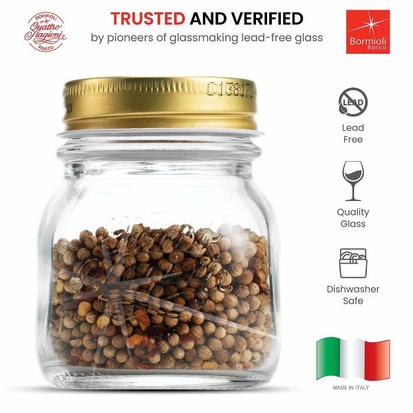 Bormioli Rocco Quattro Stagioni 10.75 oz Glass Preserving Jar Set of 12, Wide‑Mouth Twist‑Top Canister with Airtight Seal, Bee embossed Storage