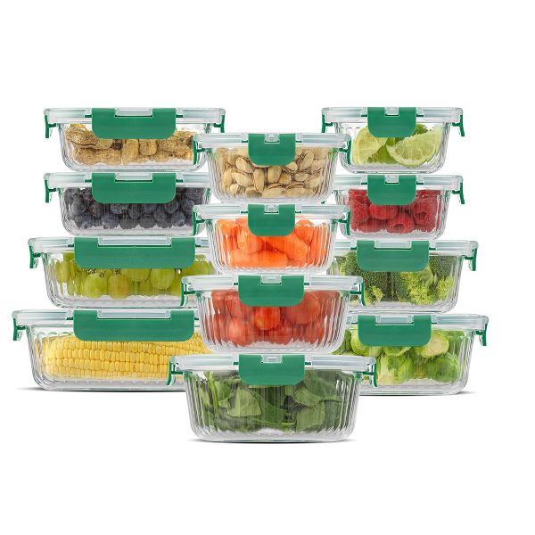 JoyJolt 24 Piece Fluted Glass Food Storage Containers with Leakproof Lids Set - Black