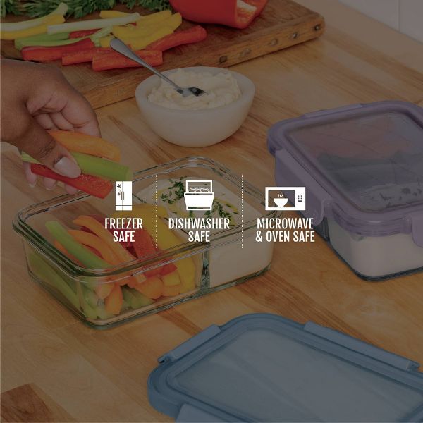 Ello Color Lock Glass 3.4c 2pk Divided Meal Prep Food Storage Container Set Purple/Blue
