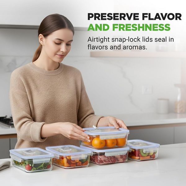 NutriChef 10-Piece Glass Food Storage Container Set with Blue Leakproof Locking Lids, Stackable Meal Prep Containers, Freezer-to-Oven Safe