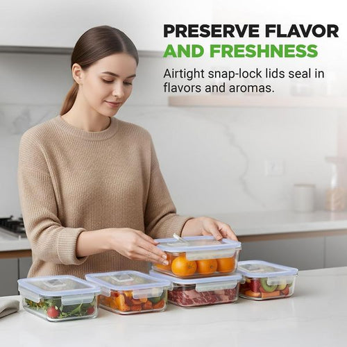 NutriChef 10-Piece Glass Food Storage Container Set with Blue Leakproof Locking Lids, Stackable Meal Prep Containers, Freezer-to-Oven Safe