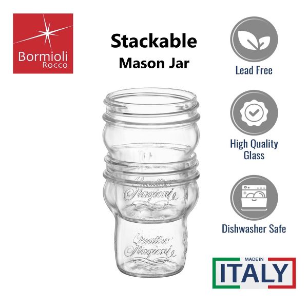 Bormioli Rocco 9.25oz Quattro Stagioni Stacking Jar - Nestable Wide Mouth Glass, Vacuum Seal Canning Container