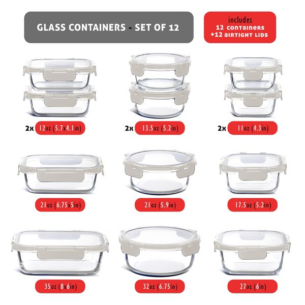 JoyTable 12-Pack Glass Food Storage Containers with Lids, Reusable Glass Food Containers with Leakproof Snap Lock Lids