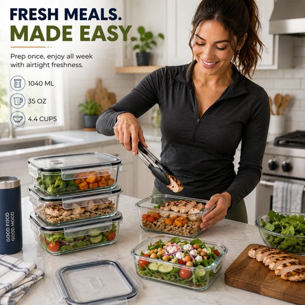 Sorbus 4 Pack 35 oz/1040ml Glass Food Storage Containers with Airtight Leak-Proof Lids