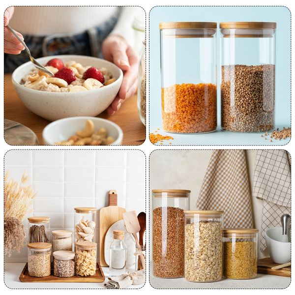Unique Bargains Kitchen Food Storage Glass Jar with Airtight Bamboo Lid 2 Pcs 10x5.4cm