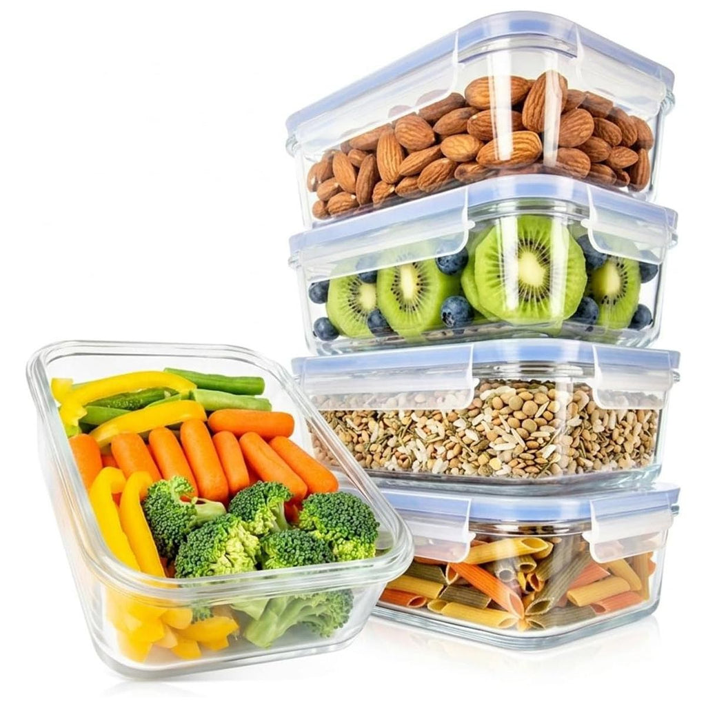 NutriChef 10-Piece Glass Food Storage Container Set with Blue Leakproof Locking Lids, Stackable Meal Prep Containers, Freezer-to-Oven Safe