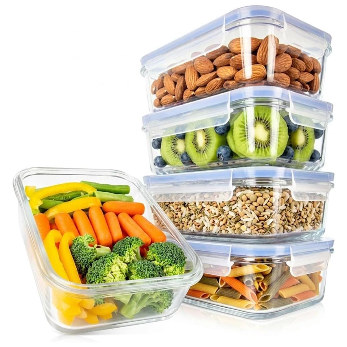 NutriChef 10-Piece Glass Food Storage Container Set with Blue Leakproof Locking Lids, Stackable Meal Prep Containers, Freezer-to-Oven Safe