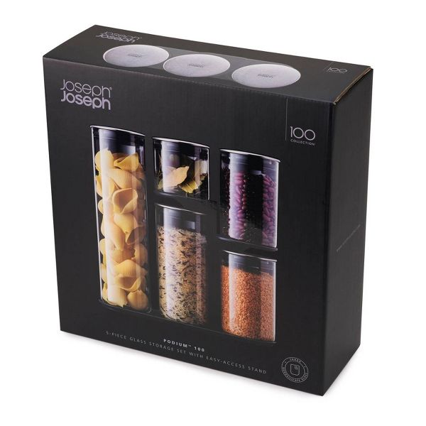 Joseph Joseph Podium 5pc Glass Storage Jar Set with Stand: Borosilicate Glass, Airtight Lids, Stackable