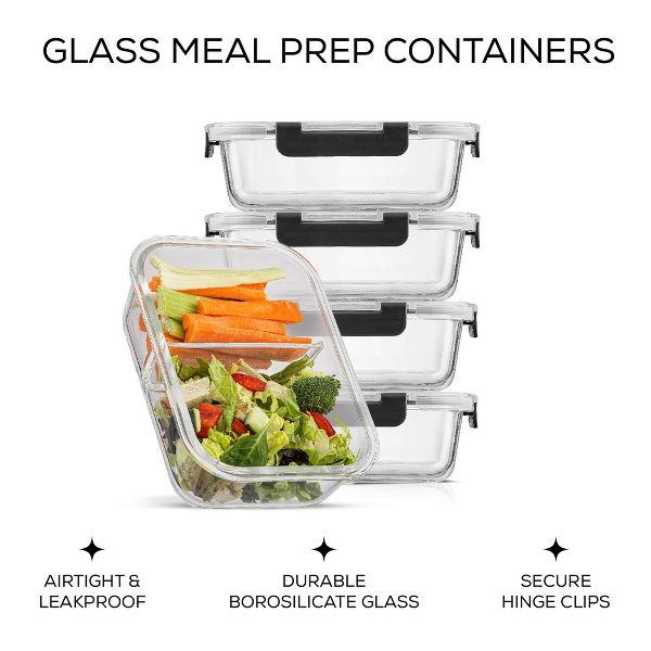 JoyJolt 2-Sectional Divided Food Prep Food Storage Containers with Lids - Set of 5 - Black