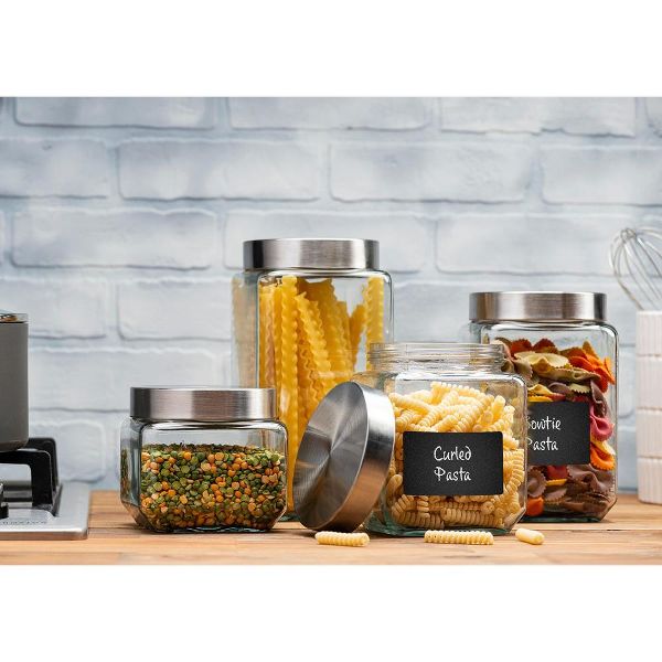 Le'raze 4pc Square Glass Cookie Jars with Airtight Lids + Marker & Labels