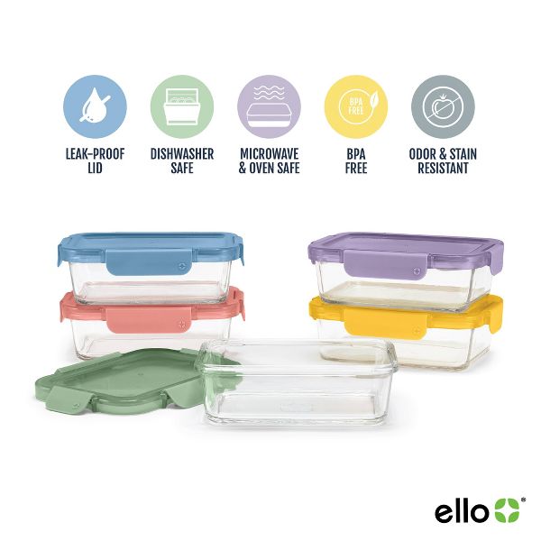 Ello Color Lock 10pc (set of 5) Glass Meal Prep Food Storage Containers Set Multicolor Brights: Glass, Oven & Microwave Safe, Dishwasher Safe,