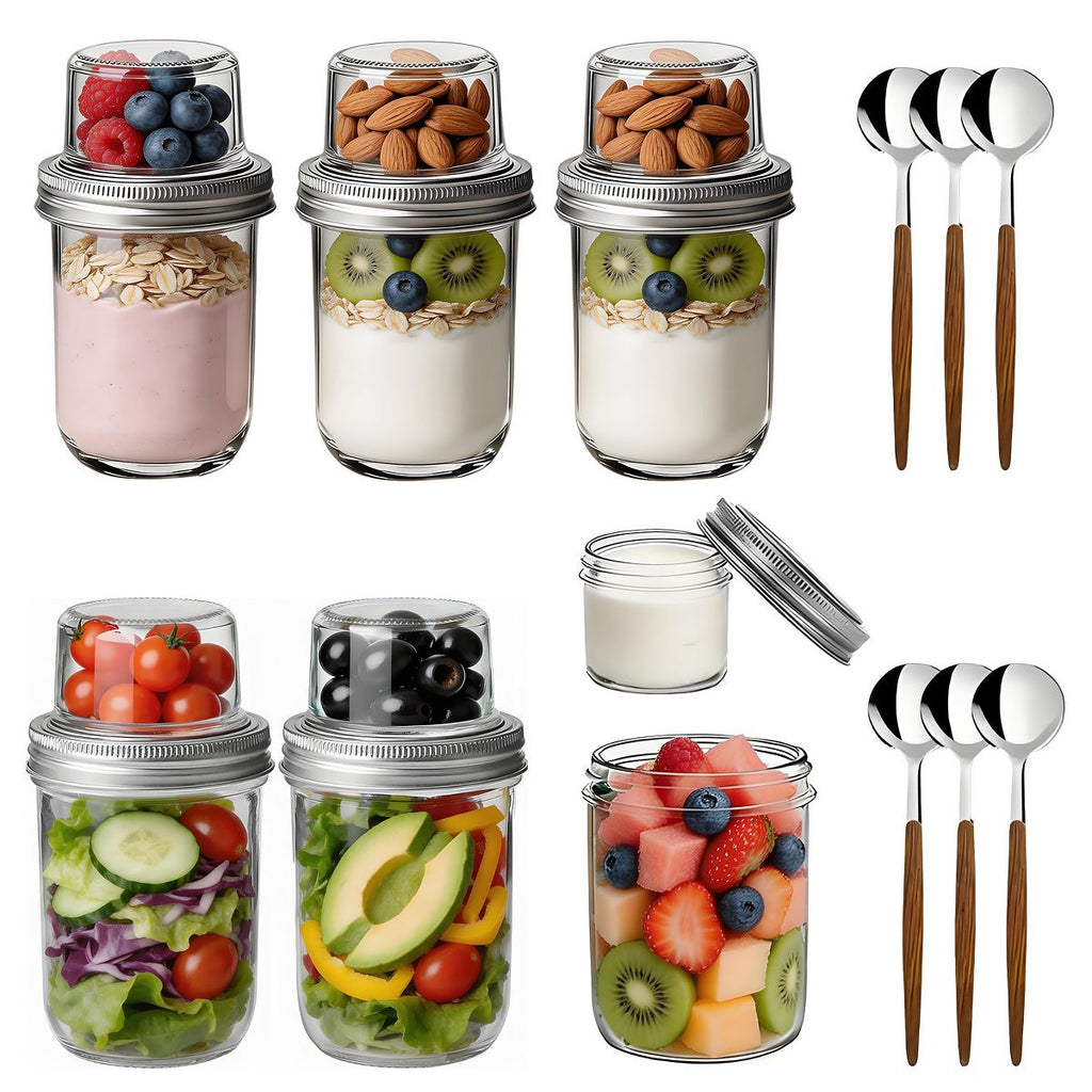 Glass Meal Prep Containers with Lids & Spoons, 6-Pack Dual-Layer 16oz + 4oz Jars Airtight Leakproof for Overnight Oats Yogurt Chia Pudding Snacks