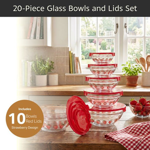Classic Cuisine 20-Piece Strawberry Design Glass Bowls with Lids Set