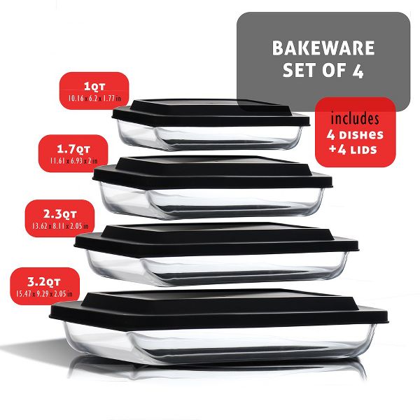 Joytable 4-Pack Baking Pans Set, Glass Food Storage Containers with Lids, Glass Baking Dishes for Oven - Black