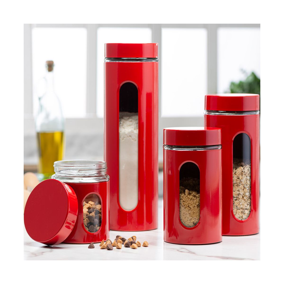 Leraze Set of 4 Red Stainless Steel Canisters with Glass Window & Airtight Lid