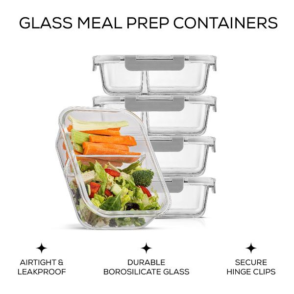 JoyJolt 2-Sectional Divided Food Prep Food Storage Containers with Lids - Set of 5 - Black