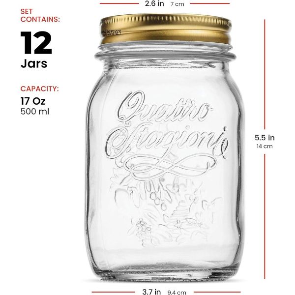 Bormioli Rocco Quattro Stagioni 10.75 oz Glass Preserving Jar Set of 12, Wide‑Mouth Twist‑Top Canister with Airtight Seal, Bee embossed Storage