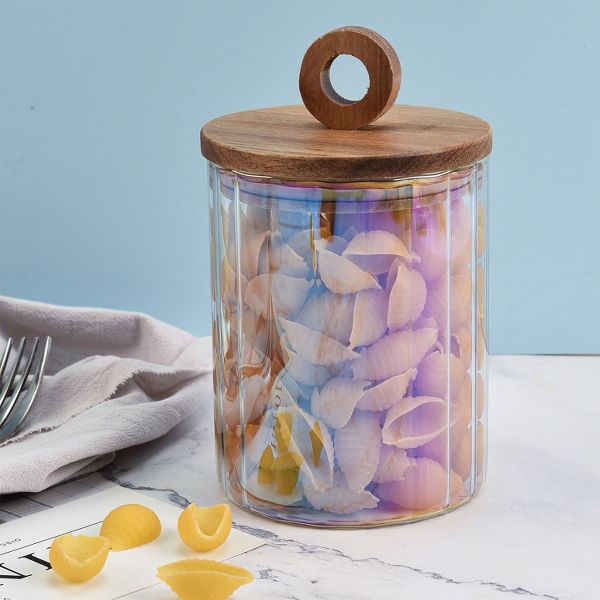 SharpChef 3PC Set Glass Airtight Electroplated Storage Jar with Wooden Acacia Lid, Clear Glass Food Storage Jars, Container, Pantry Organization