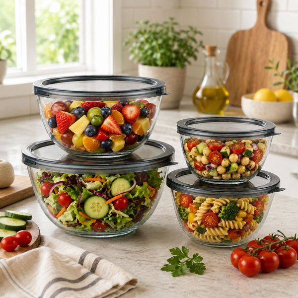 Sorbus 4-Piece Glass Bowl Set with Airtight Plastic Lids – Nesting Mixing & Storage Bowls, BPA-Free, Microwave, Dishwasher & Freezer Safe