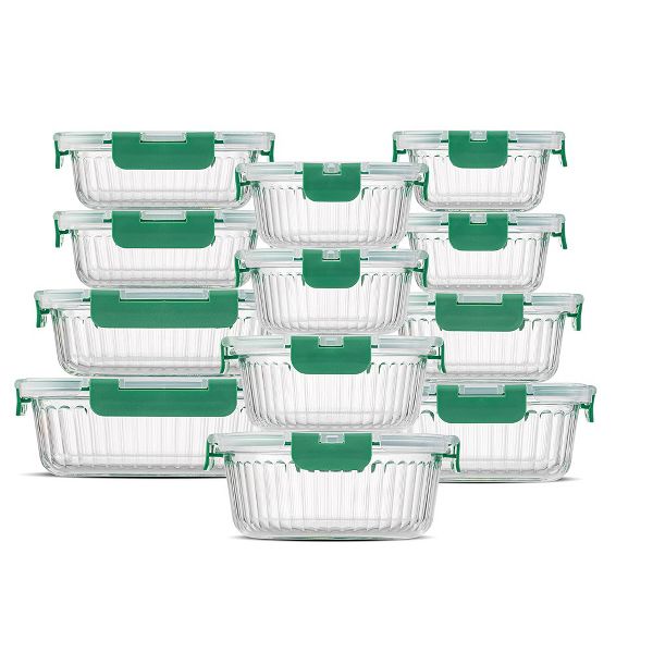 JoyJolt 24 Piece Fluted Glass Food Storage Containers with Leakproof Lids Set - Black