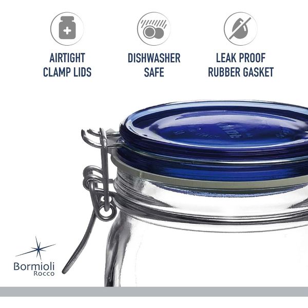 Bormioli Rocco 25.25oz Fido Glass Storage Jar Blue Lid - Airtight Clamp Seal, Italian Made Glass