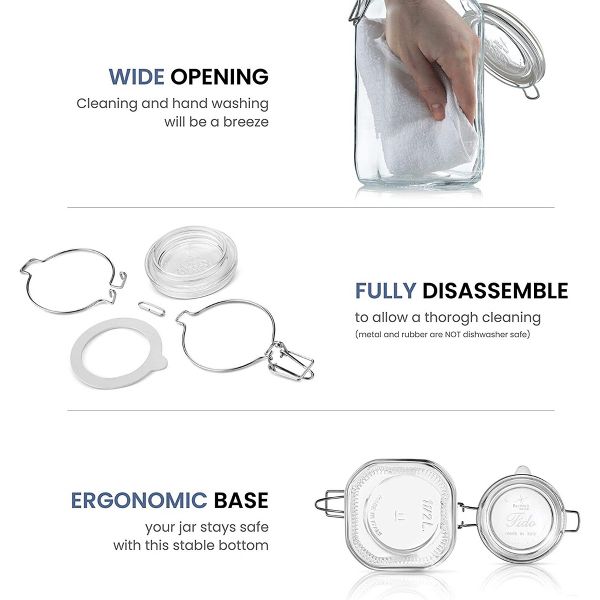 Bormioli Rocco Fido Glass Canning Jars, Airtight Storage Containers with Blue Lids – 50.75 oz Clamp Lock Canisters – Italian Made Glass (Set of 2)