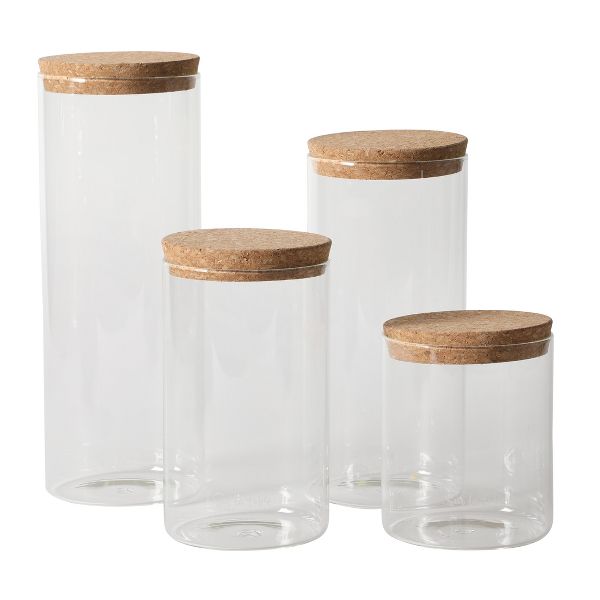 Sur La Table Rue Lumiere 4-Piece Glass Canister Set, Clear Food Storage Jars with Airtight Cork Lids – 57 oz, 45 oz, 34 oz & 25 oz, Dishwasher Safe