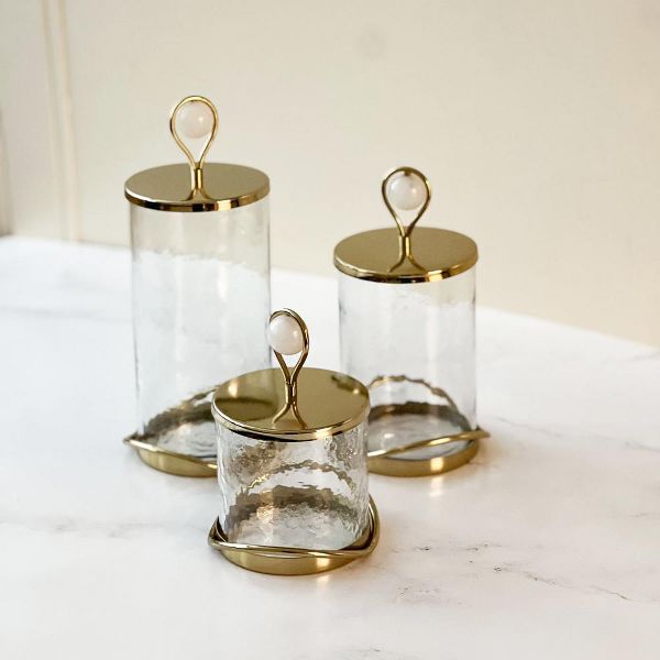 Kinor Elegant Glass Cookie Jar with Gold Lid and Base, Hammered Glass Storage Container for Cookies, Candy, Treats, Snacks and Kitchen Counter Décor