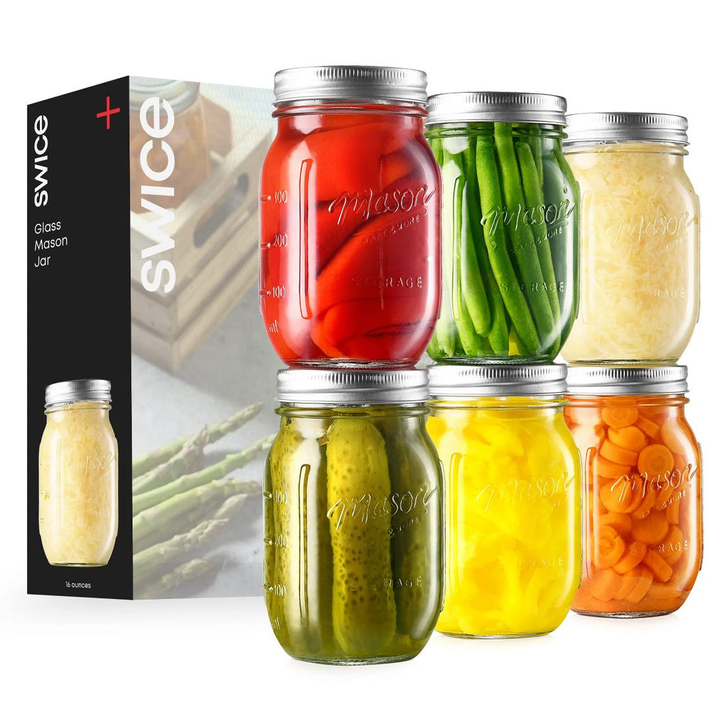 Swice 16oz Glass Mason Jars 6 Pack, Regular Mouth, Lids & Bands, Dishwasher Safe