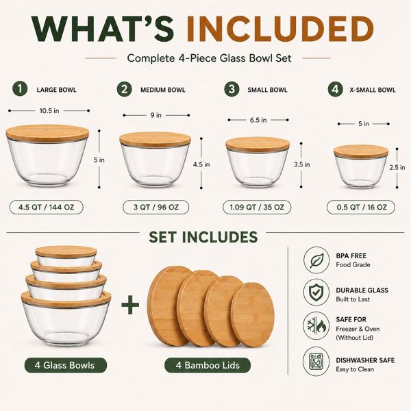 Sorbus 4-Piece Glass Bowl Set with Airtight Bamboo Lids – Nesting Mixing & Storage Bowls, BPA-Free, Microwave, Dishwasher & Freezer Safe