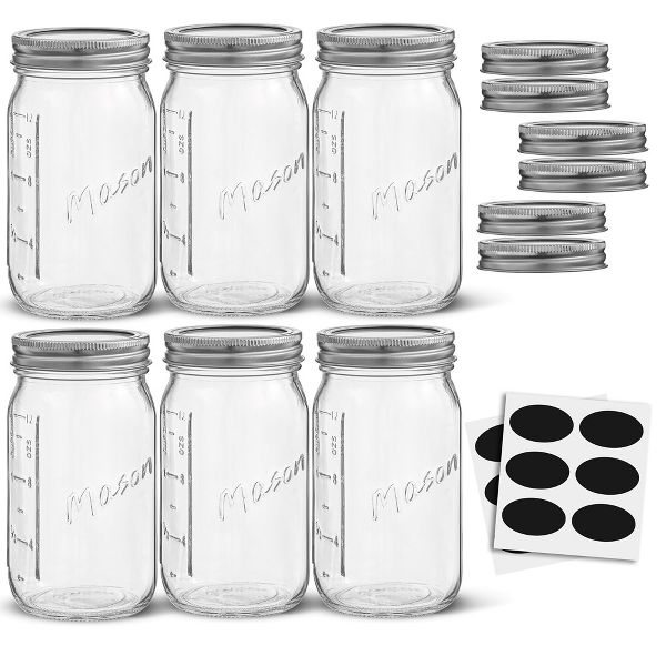 JoyJolt Regular Mason Jars with Airtight Lids, Labels and Measures - 16 oz - Set of 6