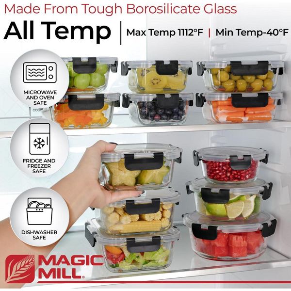 Magic Mill 24pc Glass Food Storage Container Set – 12 Borosilicate Containers, 12 Airtight Lids, Freezer, Oven, Dishwasher Safe, BPA-Free, black