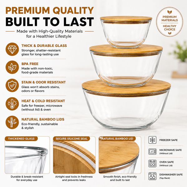Sorbus Glass Mixing Bowl Set with Bamboo Lids, 3-Piece Airtight Food Storage Bowls, Clear Glass Bowls for Mixing, Serving & Meal Prep