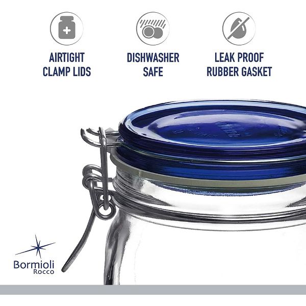 Bormioli Rocco Fido Glass Canning Jars, Airtight Storage Containers with Blue Lids – 50.75 oz Clamp Lock Canisters – Italian Made Glass (Set of 2)