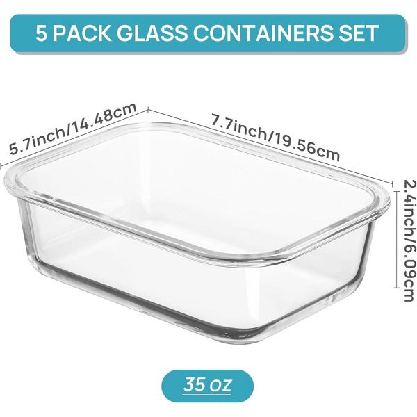 Vtopmart 5 Pack 35oz Grey Glass Food Storage Containers with Lids, Airtight Lunch Container Set, Safe for Oven, Microwave, Freezer and Dishwasher