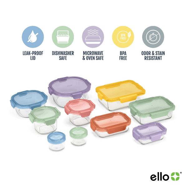 Ello 20pc Color Lock Mixed Food Storage Container Set: Glass & Polypropylene, Multicolored, Microwave & Oven-Safe