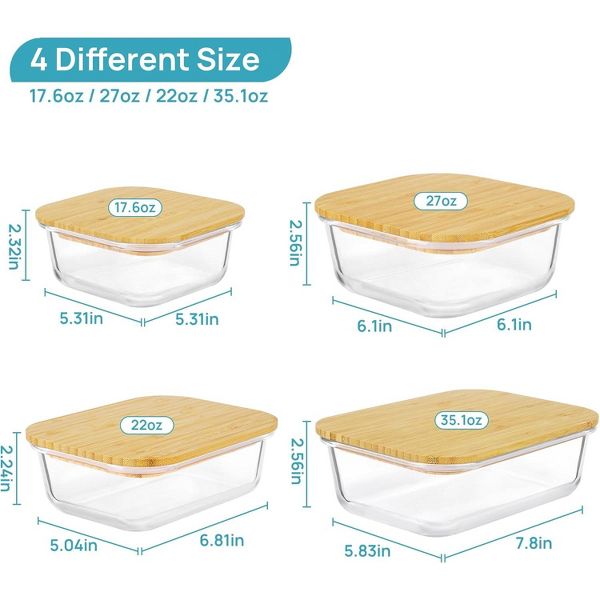 Vtopmart 4 Pack Glass Food Storage Containers with Bamboo Lids, for Microwave, Oven, Freezer and Dishwasher, BPA Free