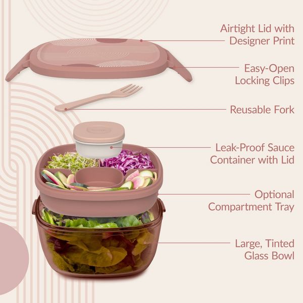 Bentgo 7.6c Glass All-in-One Salad Container Mod Curves Desert Rose