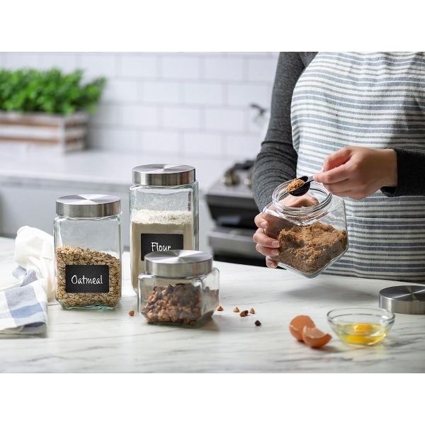 Le'raze 4pc Square Glass Cookie Jars with Airtight Lids + Marker & Labels