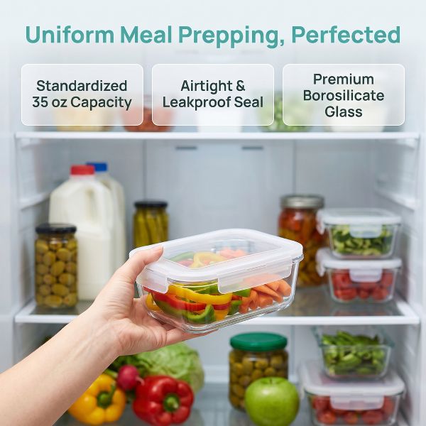 LauKingdom 5 Pack 35oz Midnight Black Borosilicate Glass Food Storage Containers with Lids for Meal Prep and Modern Kitchen Organization