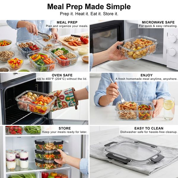 Sorbus 5-Pack 35 oz/1040 mL 3-Compartment Glass Food Storage Containers with Airtight Lids