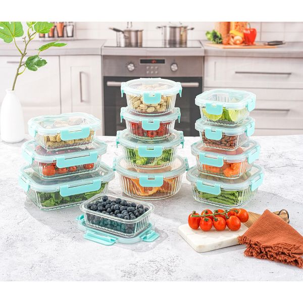 JoyJolt 24 Piece Fluted Glass Food Storage Containers with Leakproof Lids Set - Black