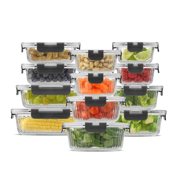 JoyJolt 24 Piece Fluted Glass Food Storage Containers with Leakproof Lids Set - Black