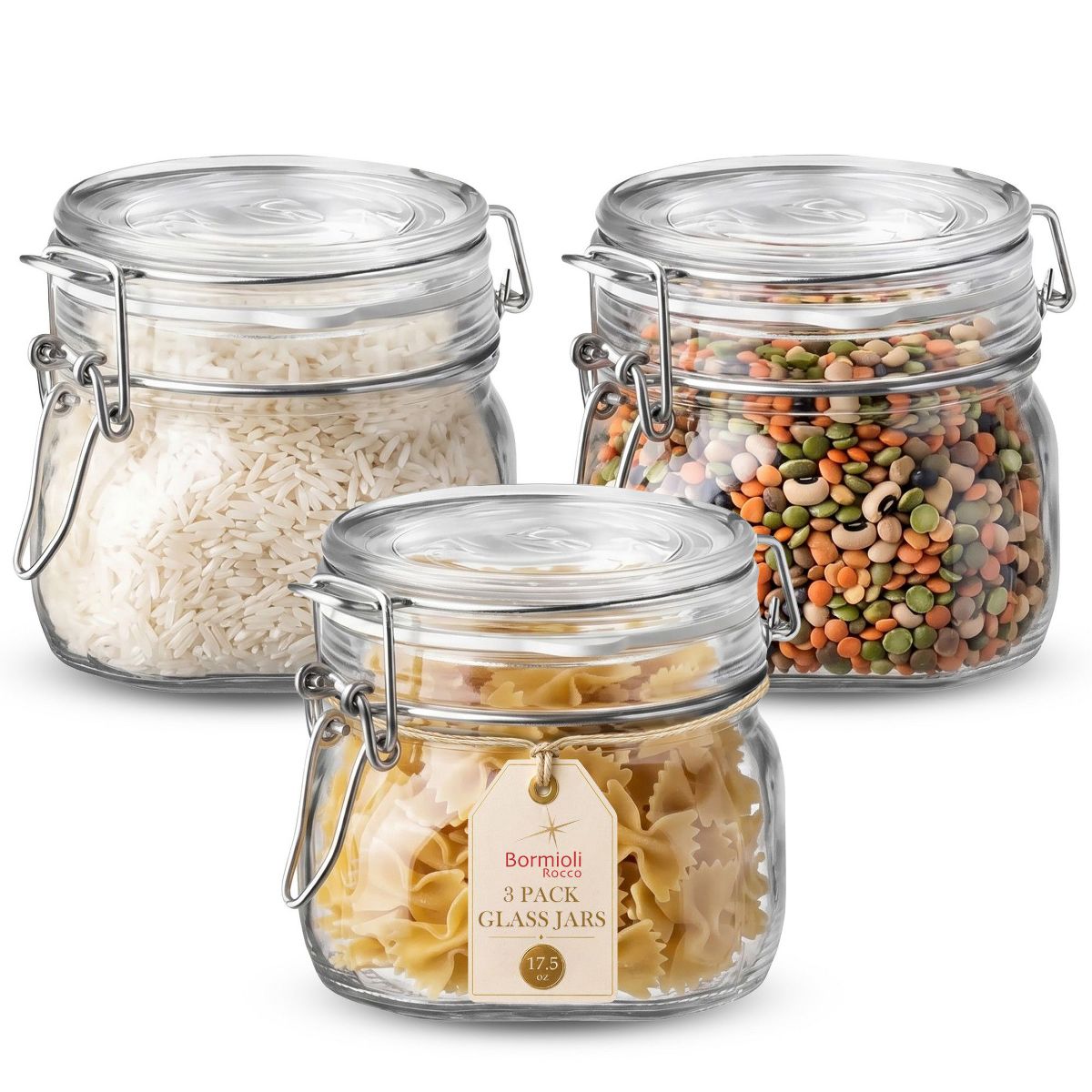 Bormioli Rocco 17.5 oz Fido Glass Storage Jars - Airtight Clamp Lid, BPA-Free - Set of 3