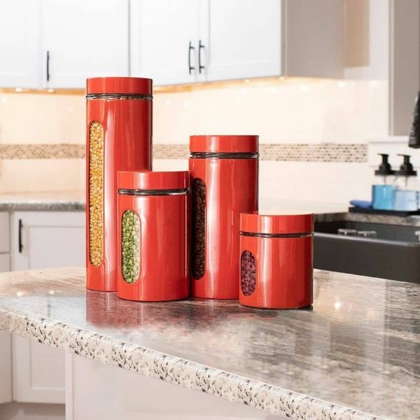 Leraze Set of 4 Red Stainless Steel Canisters with Glass Window & Airtight Lid
