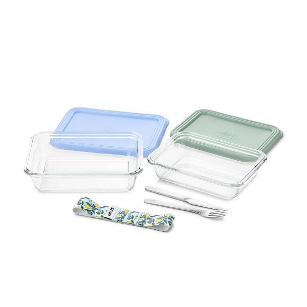 Ello (3c and 2.5c) Everyday Lunch Stack Glass Food Storage Container Set Green/Blue